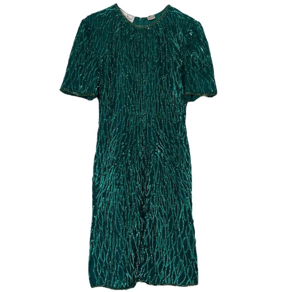 Laurence Kazar Sequined Beaded Cocktail Dress Knee Length Emerald Green Small